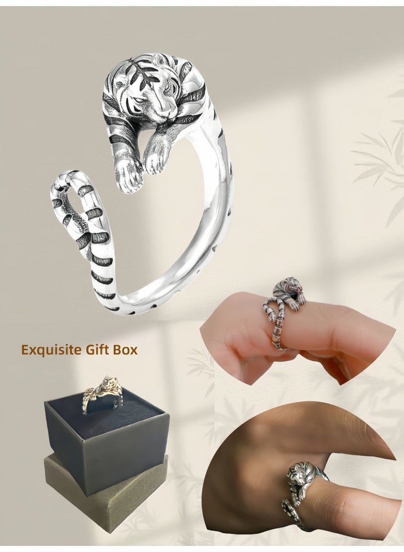 Hiras Tiger Ring for Men, Thai Silver Adjustable Open Ring, Statement Ring, Vintage Adjustable Jewelry Gift for Men Women - Image 1
